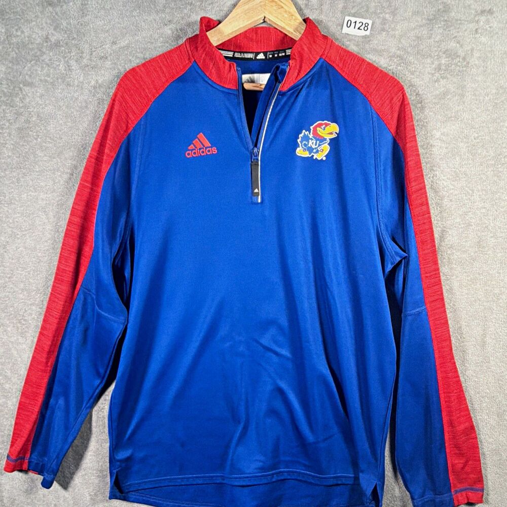 adidas Kansas Jayhawks Blue/Red Colorblock 1/4 Zip Pullover Men's M
